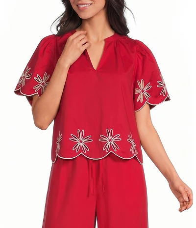 Sugarlips Dayna Embroidered Split Neck Short Sleeve Scallop Edge Top