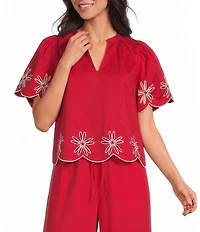 Sugarlips Dayna Embroidered Split Neck Short Sleeve Scallop Edge Top