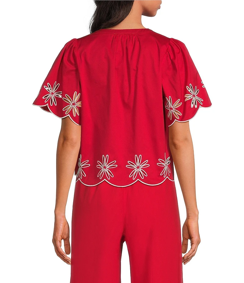 Sugarlips Dayna Embroidered Split Neck Short Sleeve Scallop Edge Top