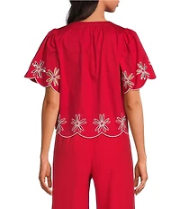 Sugarlips Dayna Embroidered Split Neck Short Sleeve Scallop Edge Top