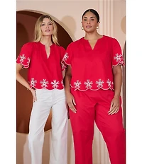 Sugarlips Dayna Embroidered Split Neck Short Sleeve Scallop Edge Top