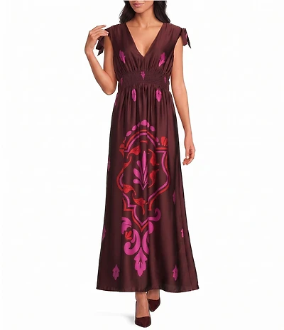 Sugarlips Descanso Floral V-Neck Cap Sleeve Pleated A-Line Maxi Dress