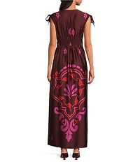 Sugarlips Descanso Floral V-Neck Cap Sleeve Pleated A-Line Maxi Dress