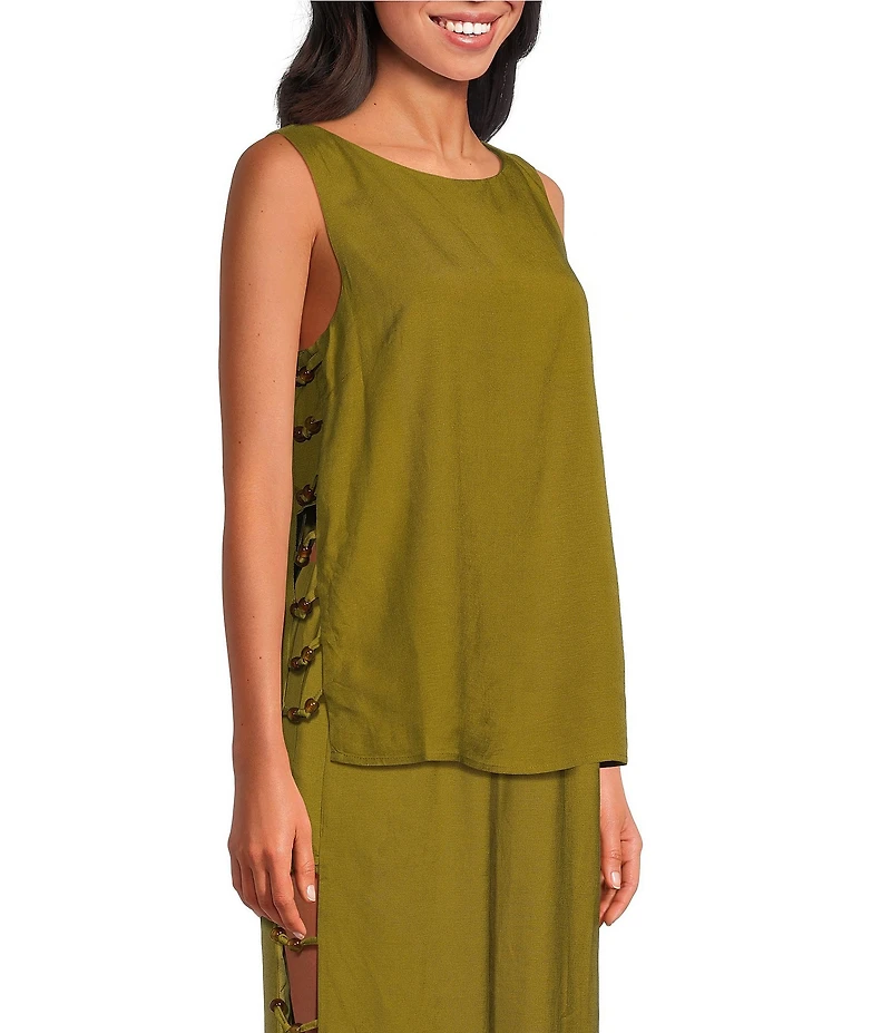 Sugarlips Devana Crew Neck Sleeveless Cut Out Coordinating Linen Tunic Top