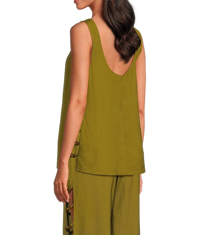 Sugarlips Devana Crew Neck Sleeveless Cut Out Coordinating Linen Tunic Top