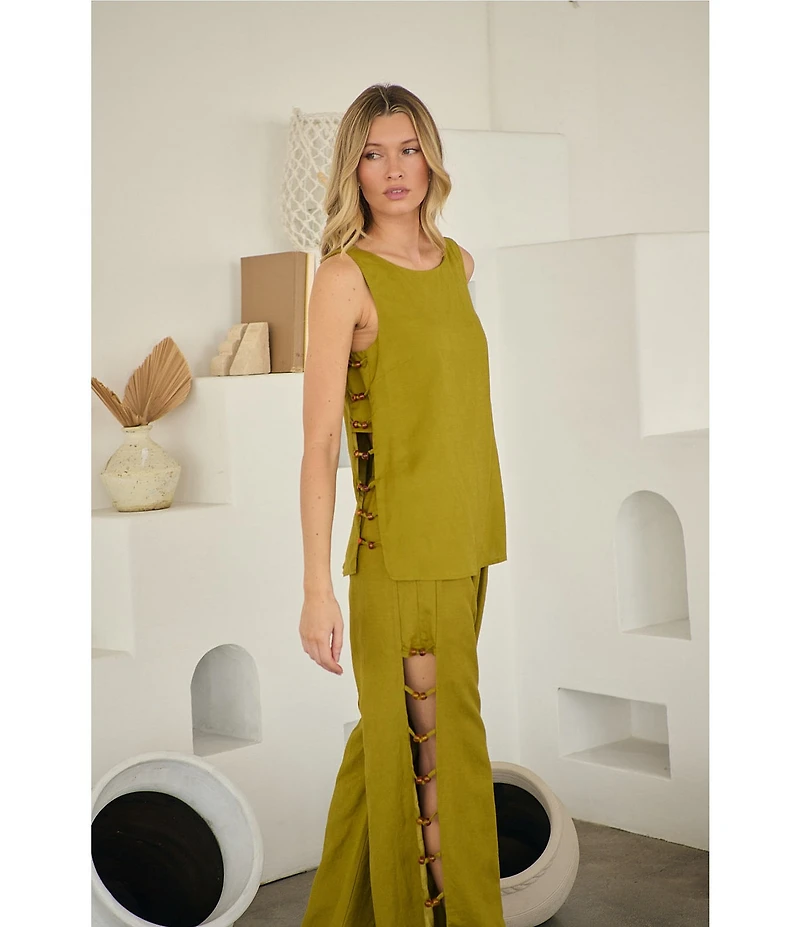 Sugarlips Devana Crew Neck Sleeveless Cut Out Coordinating Linen Tunic Top