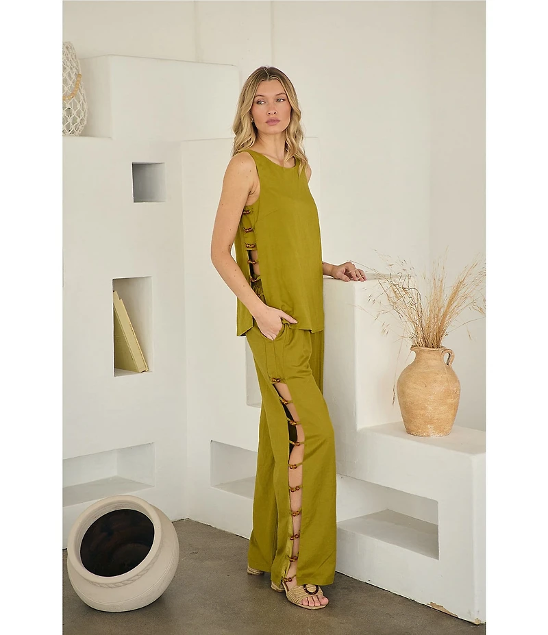 Sugarlips Devana Crew Neck Sleeveless Cut Out Coordinating Linen Tunic Top