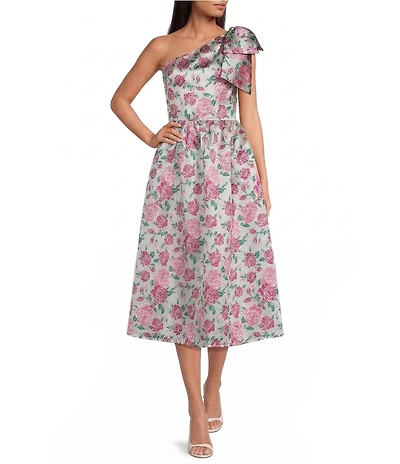 Sugarlips Dionne Floral Jacquard Miley Bow One Shoulder Sleeveless Midi Dress
