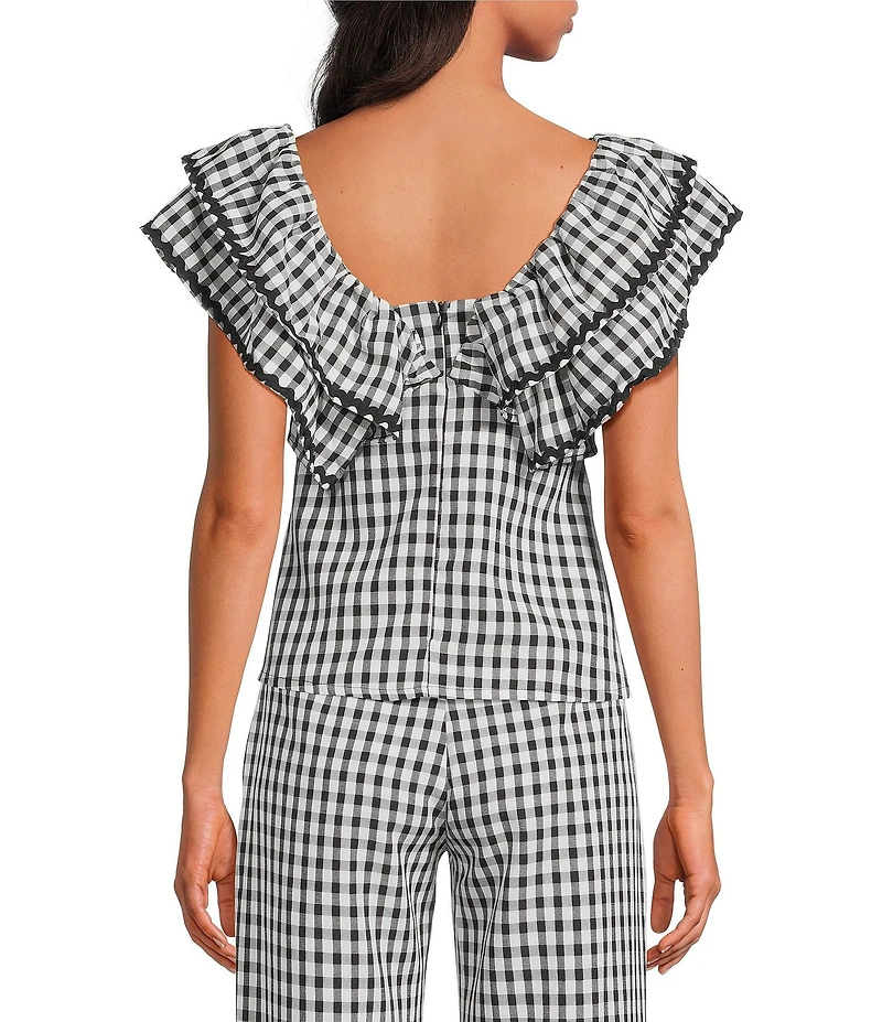 Sugarlips Dover Gingham Leot Ruffle V-Neck Cap Sleeve Babydoll Coordinating Top