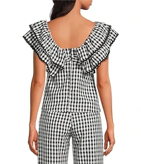 Sugarlips Dover Gingham Leot Ruffle V-Neck Cap Sleeve Babydoll Coordinating Top