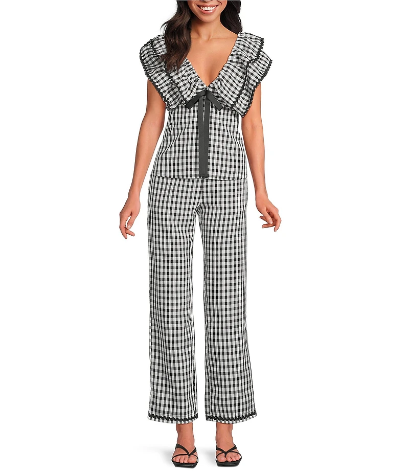 Sugarlips Dover Gingham Leot Ruffle V-Neck Cap Sleeve Babydoll Coordinating Top