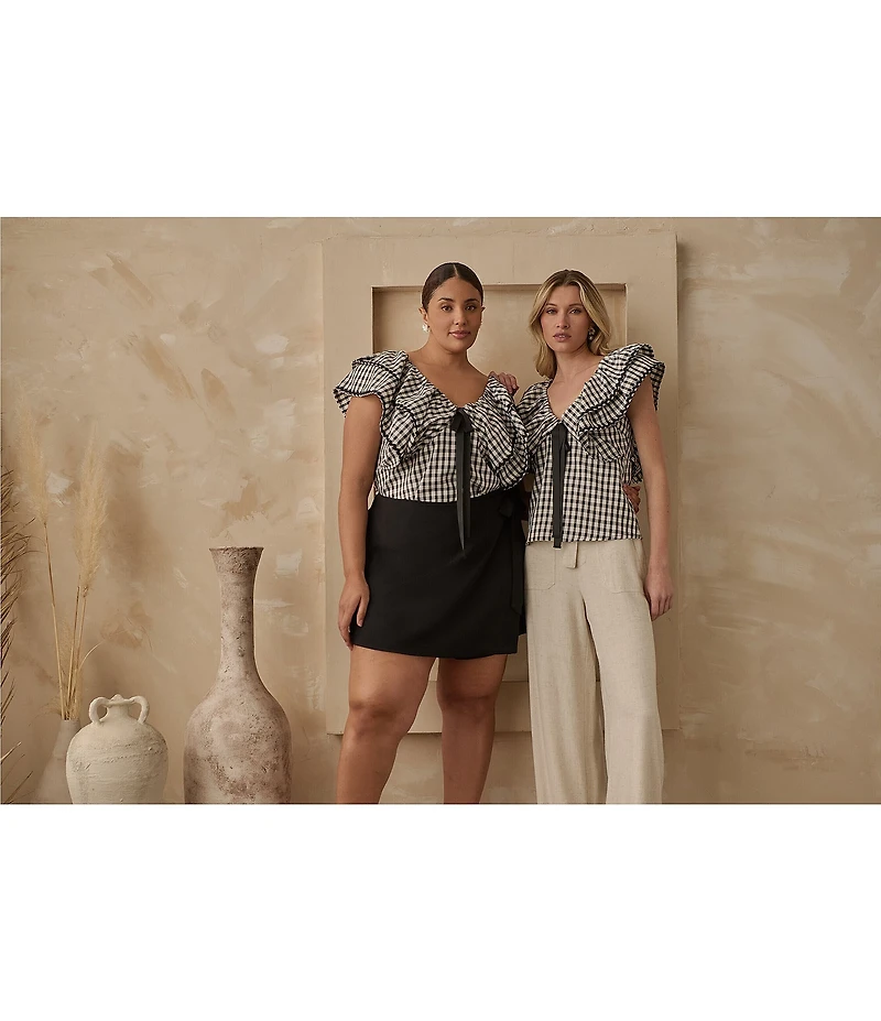 Sugarlips Dover Gingham Leot Ruffle V-Neck Cap Sleeve Babydoll Coordinating Top