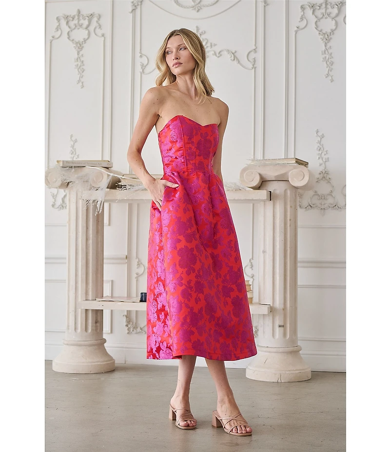 Sugarlips Duson Bustier Sweetheart Strapless Floral Jacquard Midi Dress