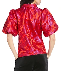 Sugarlips Duson Floral Split Neck Short Puff Sleeve Jacquard Top