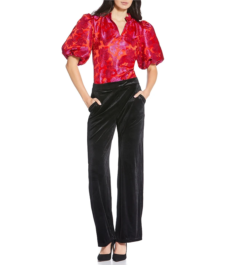 Sugarlips Duson Floral Split Neck Short Puff Sleeve Jacquard Top