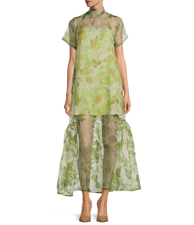 Sugarlips Ellery Floral Print Dime Mock Neck Short Sleeve Maxi Dress
