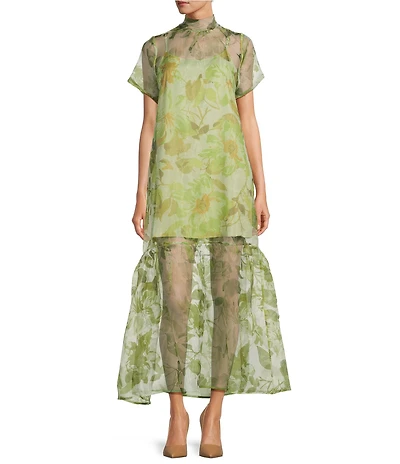 Sugarlips Ellery Floral Print Dime Mock Neck Short Sleeve Maxi Dress