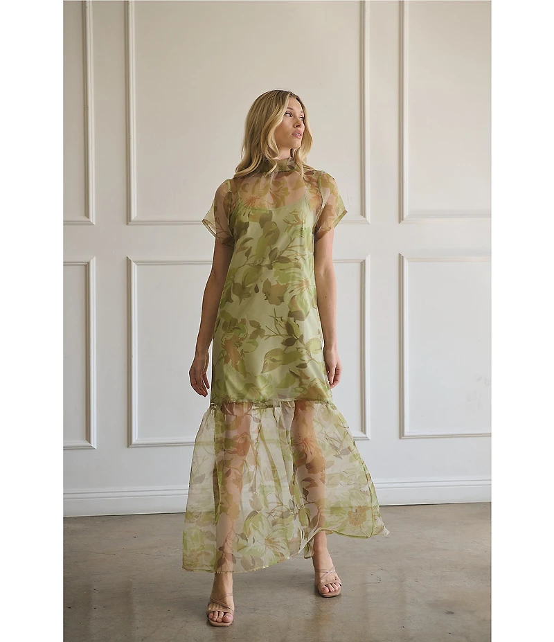 Sugarlips Ellery Floral Print Dime Mock Neck Short Sleeve Maxi Dress