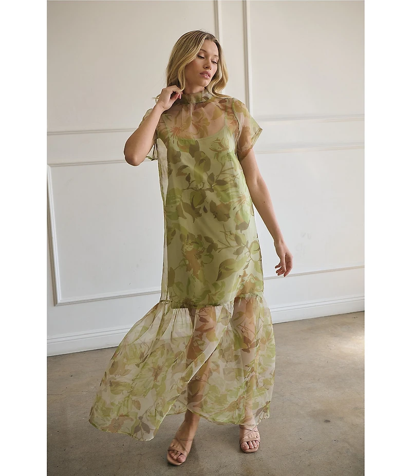 Sugarlips Ellery Floral Print Dime Mock Neck Short Sleeve Maxi Dress