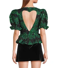 Sugarlips Elyna Alena Heart Cut Out Crew Neck Short Puff Sleeve Jacquard Blouse