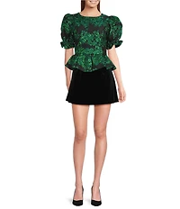 Sugarlips Elyna Alena Heart Cut Out Crew Neck Short Puff Sleeve Jacquard Blouse