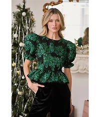Sugarlips Elyna Alena Heart Cut Out Crew Neck Short Puff Sleeve Jacquard Blouse
