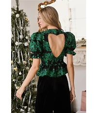 Sugarlips Elyna Alena Heart Cut Out Crew Neck Short Puff Sleeve Jacquard Blouse