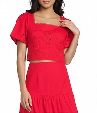 Sugarlips Embroidered Eyelet Square Neck Short Sleeve Coordinating Poplin Top