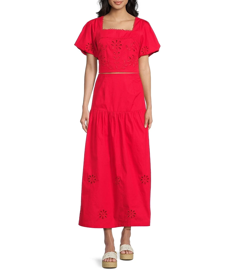 Sugarlips Embroidered Eyelet Square Neck Short Sleeve Coordinating Poplin Top