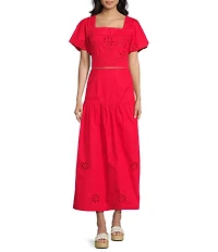 Sugarlips Embroidered Eyelet Square Neck Short Sleeve Coordinating Poplin Top