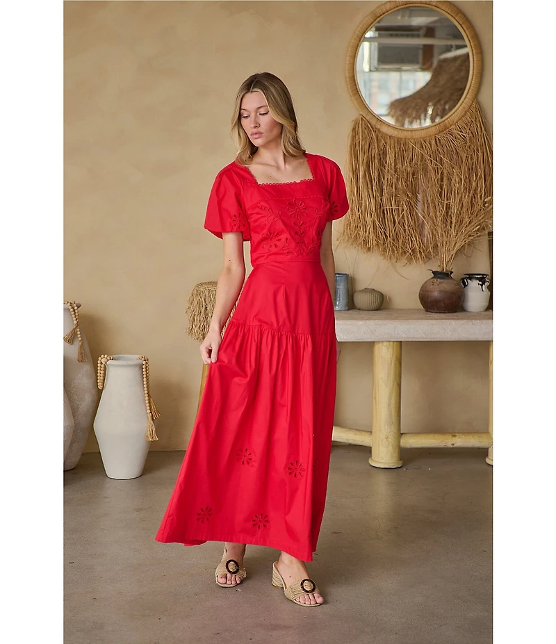 Sugarlips Embroidered Eyelet Square Neck Short Sleeve Coordinating Poplin Top