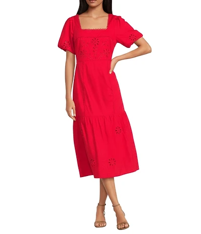 Sugarlips Embroidered Eyelet Square Neck Short Sleeve Poplin Midi Dress