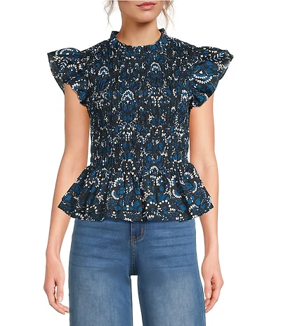 Sugarlips Etta Floral Print Mock Neckline Short Sleeve Smocked Peplum Top