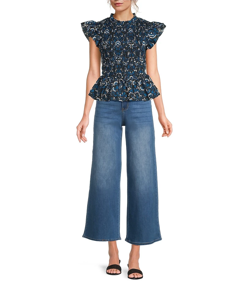 Sugarlips Etta Floral Print Mock Neckline Short Sleeve Smocked Peplum Top