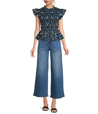 Sugarlips Etta Floral Print Mock Neckline Short Sleeve Smocked Peplum Top