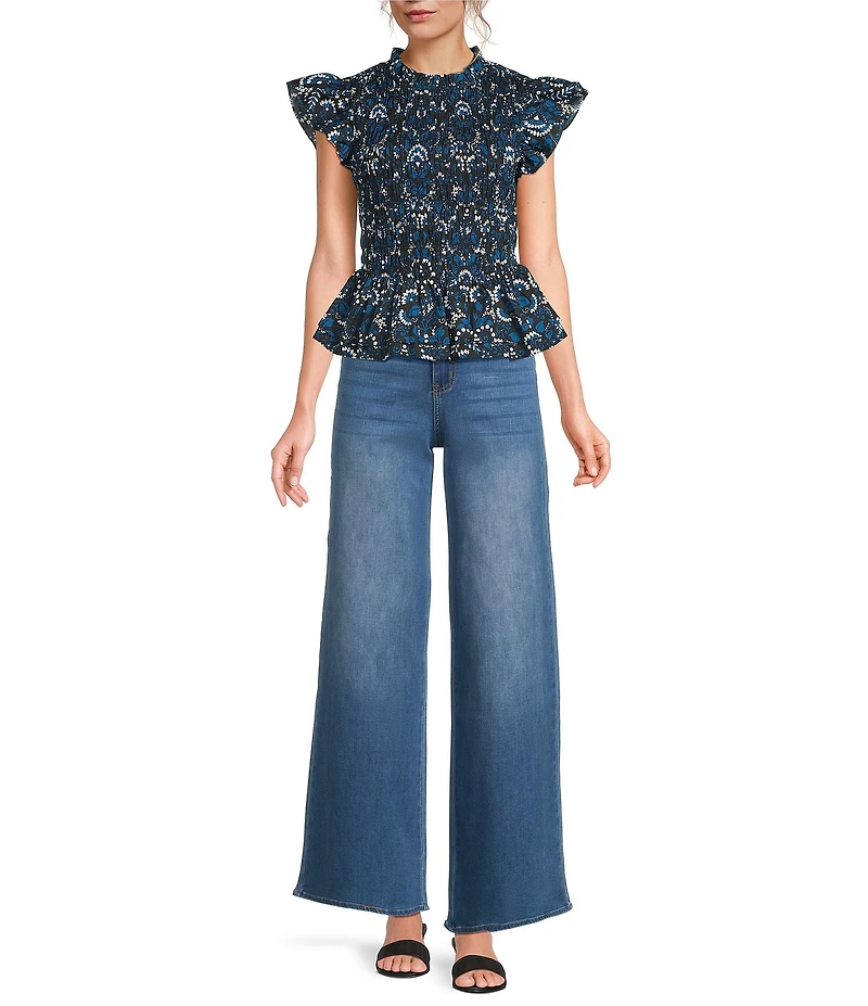 Sugarlips Etta Floral Print Mock Neckline Short Sleeve Smocked Peplum Top