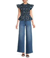 Sugarlips Etta Floral Print Mock Neckline Short Sleeve Smocked Peplum Top