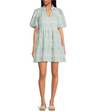 Sugarlips Evelyn Floral Eyelet Jacey Babydoll Split V-Neck Short Sleeve A-Line Mini Dress