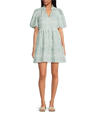 Sugarlips Evelyn Floral Eyelet Jacey Babydoll Split V-Neck Short Sleeve A-Line Mini Dress