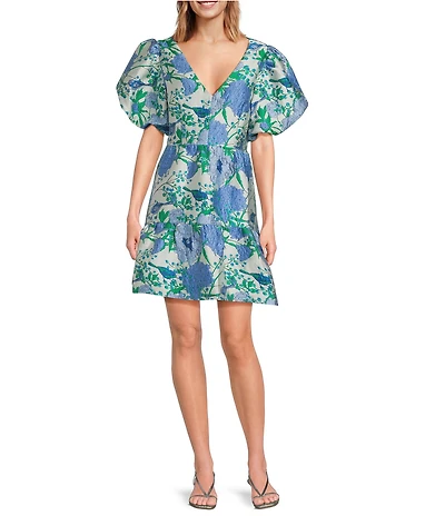 Sugarlips Floral Jacquard V-Neck Short Puff Sleeve Mini Dress