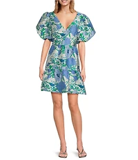 Sugarlips Floral Jacquard V-Neck Short Puff Sleeve Mini Dress