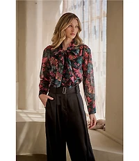 Sugarlips Floral Organza Bow Tie Neck Long Sleeve Button Front Blouse