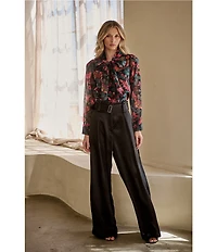 Sugarlips Floral Organza Bow Tie Neck Long Sleeve Button Front Blouse