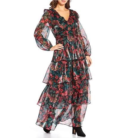 Sugarlips Floral Organza V-Neck Long Puff Sleeve Ruffle Maxi Dress