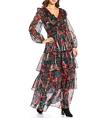 Sugarlips Floral Organza V-Neck Long Puff Sleeve Ruffle Maxi Dress