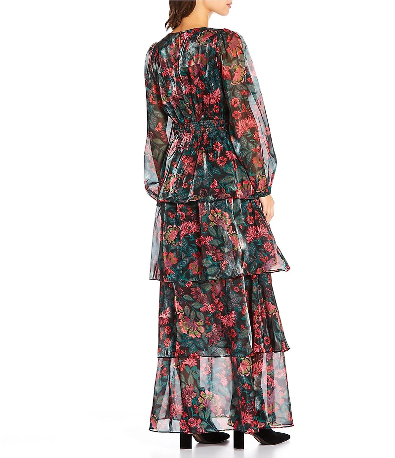 Sugarlips Floral Organza V-Neck Long Puff Sleeve Ruffle Maxi Dress