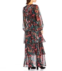Sugarlips Floral Organza V-Neck Long Puff Sleeve Ruffle Maxi Dress