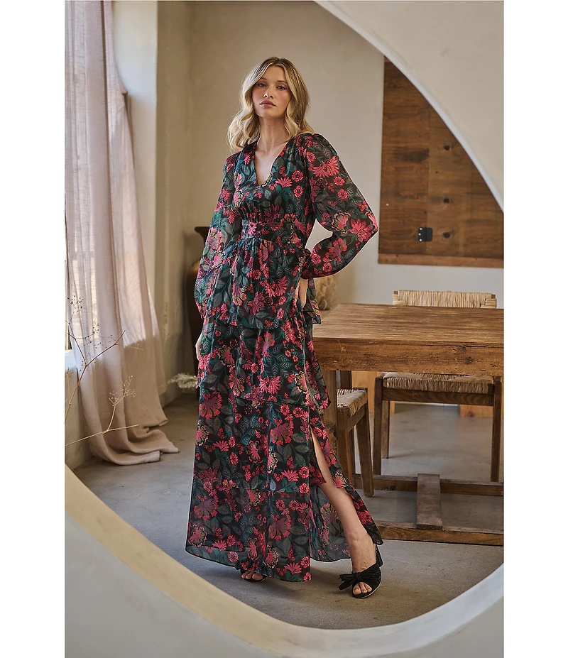 Sugarlips Floral Organza V-Neck Long Puff Sleeve Ruffle Maxi Dress