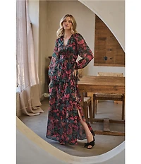 Sugarlips Floral Organza V-Neck Long Puff Sleeve Ruffle Maxi Dress
