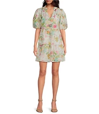 Sugarlips Floral Print Eyelet Short Puff Sleeve Mini Dress